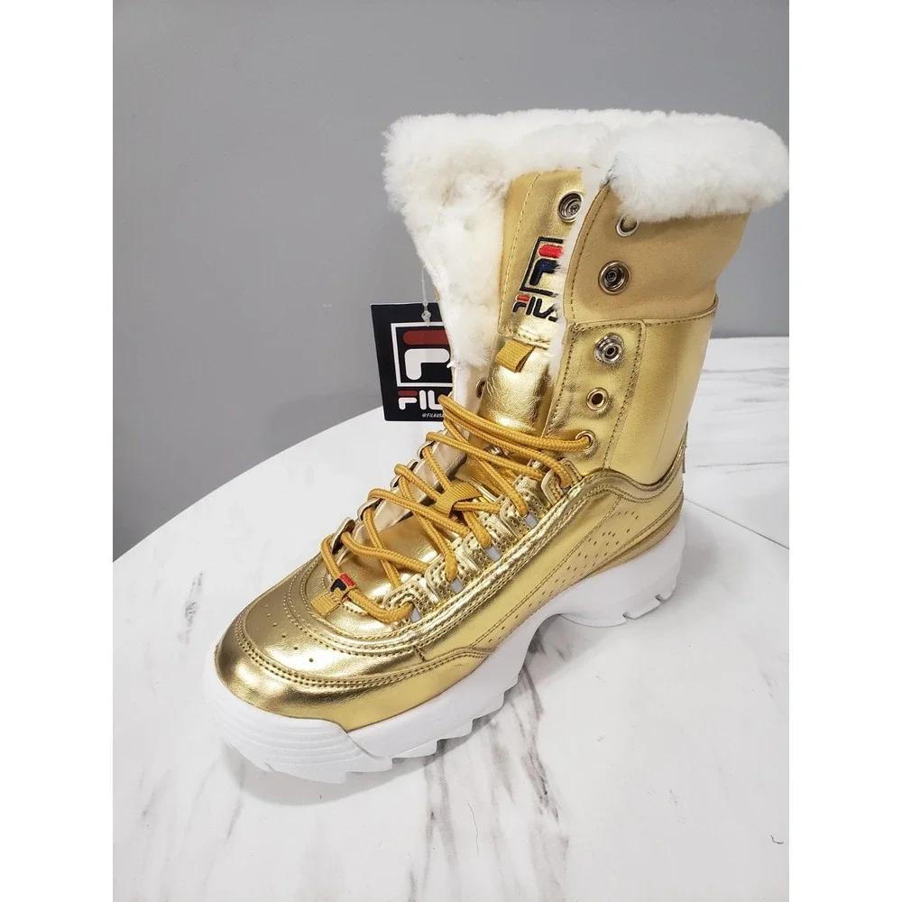 NEW NO BOX 5.5 WOMENS FILA Disruptor Shearling Winter Snow Boots Foldover GOld